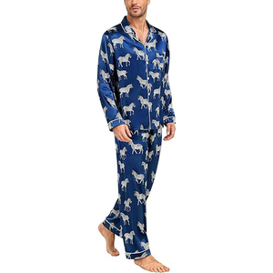 Pijamas de seda para hombre, conjunto de ropa de dormir de satén azul con estampado animal de manga larga, ropa informal de primavera - Product Image 3