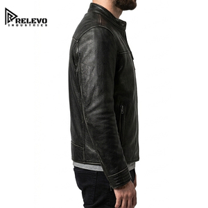 Blouson de motard en cuir véritable pour homme, sur mesure, de haute qualité, coupe ajustée, avec col à boutons-pression et poches zippées - Product Image 3