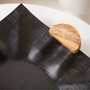 Metal <b>Black</b> Textured Serving Tray Features A Wavy Edge Design With Wooden Handles Creating A Stunning Accent Piece For Home - Product Image 4