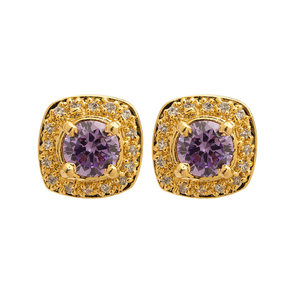 Pendientes de tuerca de circonita morada de moda chapados en oro de 18 quilates con detalles de circonita en forma de halo, joyería de plata de ley 925 para mujer, para fiestas y regalos - Product Image 1