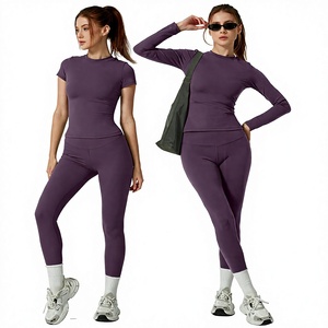 <b>Women</b> Yoga Set High Waist <b>Leggings</b> <b>Short</b> Sleeve 2 Piece Workout Activewear for Pilates Gym Outdoor - Product Image 5