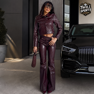 Custom Elegant Lady Pu Leather Suit Casual Street Wear Button Up Jacket Wide Leg <b>Pants</b> Women's Pu Leather Tracksuits Set - Product Image 2