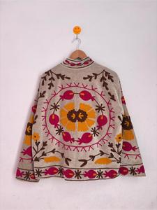 Premium Gray <b>Velvet</b> Embroidered Suzani <b>Jacket</b> With Floral Pattern Full Sleeve Stand Collar Handmade Bohemian Winter Outerwear - Product Image 3