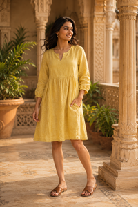 Vestido Midi de Algodón Índigo Hecho a Mano para Mujer, Estilo Bohemio Sencillo y Elegante con Ribetes y Volantes, Ropa Casual de Verano para Proveedores - Product Image 3
