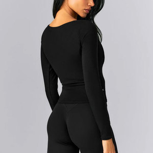 Compression Quick Dry Four Way Stretchable Women's Deep Neck Anti-Pilling Material Ribbed Crop Length Exercise <b>Long</b> <b>Sleeve</b> - Product Image 5
