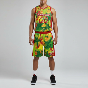 Conjunto de Camiseta de Baloncesto Sublimada para Hombre, Estampado Tropical, Cuello en V, Sin Mangas, Secado Rápido, Ropa Deportiva, Nombre del Equipo, Estilo Veraniego - Product Image 1