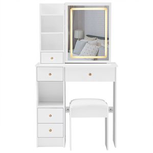 Tavolo da Trucco da Scrivania Compatto con Cassetto Sinistro, Sgabello Imbottito, Specchio LED Scorrevole con Controllo Touch e Cambio Colore a Tre Tonalità - Product Image 6