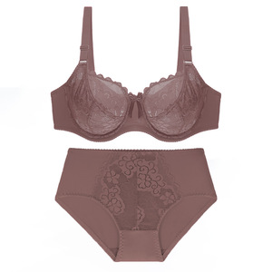 Ensemble soutien-gorge et culotte en dentelle grande taille pour femme, sans couture, tricoté, bonnet 3/4, lingerie coordonnée deux pièces, dos en U - Product Image 4