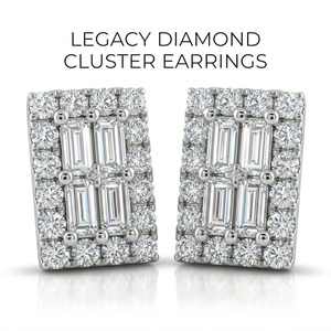 Boucles d'oreilles en or massif 18 carats avec diamants, clous rectangulaires en grappe, taille baguette et taille rond, bijoux - Product Image 1