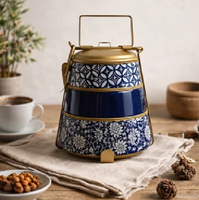 Boîte à lunch en laiton vert pêche, 2 étages, peinte à la main avec motifs floraux, boîte à nourriture conique traditionnelle à motifs floraux, aux prix de gros