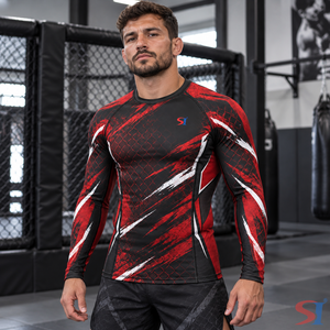 Vente en gros de rashguards MMA Crimson Cage Strike pour hommes, avec logo personnalisé, compression, pour entraînement BJJ et grappling, fournisseur de sublimation - Product Image 1