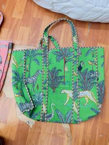 Indian Hand Block Printed Quilted Cotton Tote <b>Bag</b>, Bright Green Jungle <b>Safari</b> & Leopard Print Shoulder <b>Bag</b> Wholesale - Product Image 3