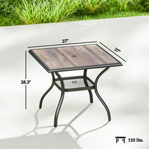 Tavolo da pranzo da esterno da 37 pollici con piano in finto legno grigio, foro per ombrellone e ripiano, per 4 persone, ideale per patio, giardino e cortile - Product Image 3