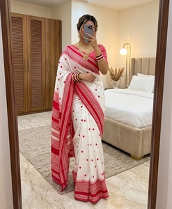 Traditional Indian Banarasi Other Material Saree White Red Polka Dot Weaving Work Women Regular Length Wedding Wear Saree <b>Blouse</b> - Product Image 1