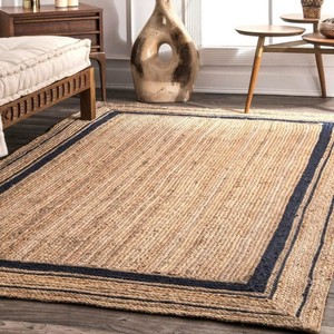 Coastal Style Jute Area Rug Rectangle Striped Pattern Flat Weave Non Slip Outdoor Use Natural Beige with Navy Border - Product Image 5