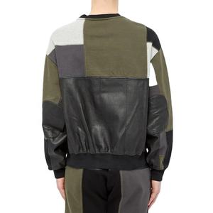 Custom Wholesale High Quality Crew Neck Color Block Patchwork Leather Sweatshirt Sweatsuit for <b>Men</b> <b>Green</b> Color - Product Image 2