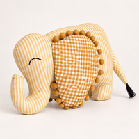 Peluche Éléphant Rayé, Coussin Doux, Oreilles à Pompons, Bordure à Pompons, Coton Tissé à la Main, Cadeau d'Anniversaire pour Enfants, ODM