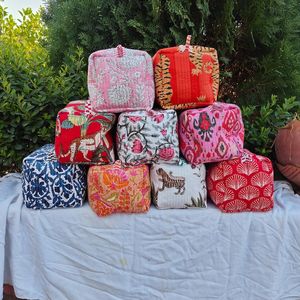 Block Printed Indian 100% Cotton Cosmetic <b>Bag</b> Makeup Pouches Large Capacity <b>Foldable</b> Travel Accessories for Bathroom Use Holiday - Product Image 1