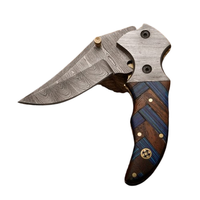 Couteau pliant de qualité industrielle 7 pouces, lame en acier Damas faite à la main, manche en bois, couteau de camping pliant OEM, bolster en Damas