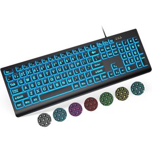 Tastiera retroilluminata a caratteri grandi, 7 colori, 4 modalità, USB cablata, lettere oversize, tasti facili da usare - Product Image 1