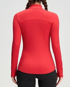 Haut de sport pour femme rouge à manches longues et col roulé avec fermeture éclair, respirant, en Spandex et Polyester, couleur unie, coupe décontractée - Product Image 4
