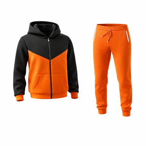 Ensemble de survêtement contrasté noir et orange pour homme, sweat à capuche zippé et pantalon de jogging, vêtements de sport décontractés, entraînement en salle de sport, course à pied, ensemble deux pièces - Product Image 1