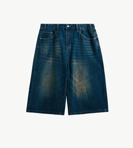 Shorts en jean pour homme, taille haute, coupe droite, délavage foncé, en coton, décontracté, respirant, pour l'été, personnalisable - Product Image 6