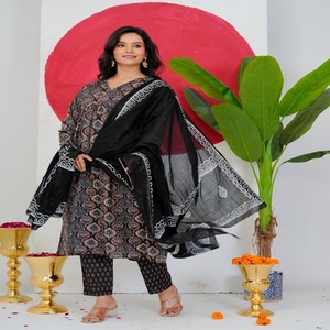 Women <b>Kurti</b> Dupatta Set Digital Printed Cotton <b>Indian</b> Pakistani Top and Pants Black V Neck Casual Wear - Product Image 1