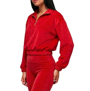 Ensemble de survêtement deux pièces pour femme, hiver, couleur unie, rouge, haut à manches longues avec demi-zip, pantalon à taille élastique, tenue de sport respirante - Product Image 6