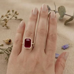Anillo de compromiso con halo de piedra roja de corte esmeralda de 2.50 quilates, oro rosa, estilo vintage, de lujo, para boda o fiesta. - Product Image 6
