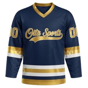 Conjunto de Camiseta y Pantalones Cortos de Hockey sobre Hielo Sublimados en Azul Marino y Dorado para Hombre, Cuello en V, Rayas, Poliéster, Ropa Deportiva, Uniforme de Entrenamiento - Product Image 3