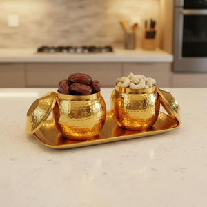 Ensemble de service en métal à prix abordable, bols ronds à couvercle, finition dorée polie avec support arqué pour fruits secs et noix - Product Image 3