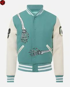 Chaqueta Varsity Gótica para Hombre con Estampado de Esqueleto y Parches, Cuello Camisero, Corte Regular, Ropa Urbana de Otoño - Product Image 1