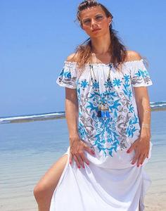 Vestido de Noche para Mujer, 100% Algodón, Largo hasta la Rodilla, Estilo Boho Sexy, con Bordado Floral en el Hombro, Encaje Corto, Corte Recto, Última Moda de Verano - Product Image 1