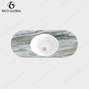 Lavabo Ovalado de Mármol para Montar en la Pared con Escurridor de Madera, Acabado Pulido, Diseño Minimalista, Mueble de Baño - Product Image 3