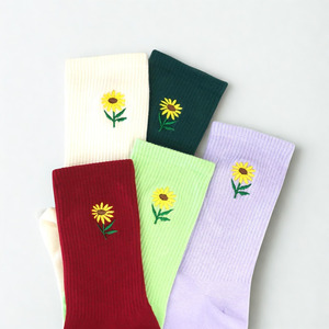 Custom Logo Floral Embroidered Crew <b>Socks</b> Cotton Breathable Casual <b>Socks</b> for Adults Spring Season <b>Hand</b> Embroidery Design - Product Image 1