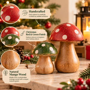 Figuras de hongos navideños, juego de 2 adornos decorativos festivos rojos y verdes de madera para centros de mesa, decoración para el hogar y bodas - Product Image 3
