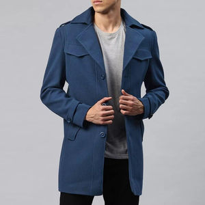 Abrigo Largo de Lana Azul para Hombre, Solapa con Muescas, Cierre de un Botón, Gabardina Cálida para Otoño, Estilo Casual - Product Image 1