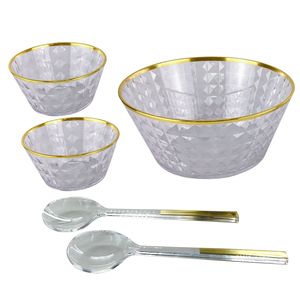 Ensemble de bols de service en acrylique avec bord doré, motif diamant, bols en plastique pour salade, fruits, desserts, vaisselle de fête moderne et luxueuse - Product Image 2