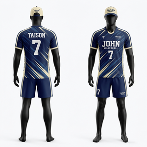 Uniforme de Voleibol para Hombre Elite, 165 GSM, Poliéster Interlock, Blanco, Azul Marino y Dorado, Tejido de Secado Rápido, Logotipo Personalizado Sublimado, Diseño en el Panel Lateral - Product Image 2