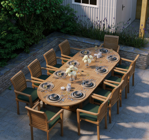 ชุดโต๊ะรับประทานอาหารกลางแจ้งไม้สักทรงรีขนาดใหญ่ 10 ที่นั่ง พร้อมเก้าอี้มีที่วางแขน เฟอร์นิเจอร์ระดับพรีเมียมสำหรับสวน ลานบ้าน วิลล่า รีสอร์ท โรงแรม - Product Image 1