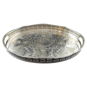 Plateau de service ovale de qualité supérieure, plaqué argent, avec gravure ornée et deux poignées, fait main, décoratif - Product Image 1