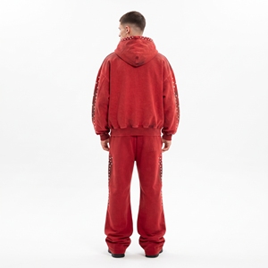 Men’s <b>Red</b> Rhinestone Embellished Tracksuit Set Zip Up <b>Hoodie</b> & Wide Leg Jogger Pants Streetwear Set - Product Image 3