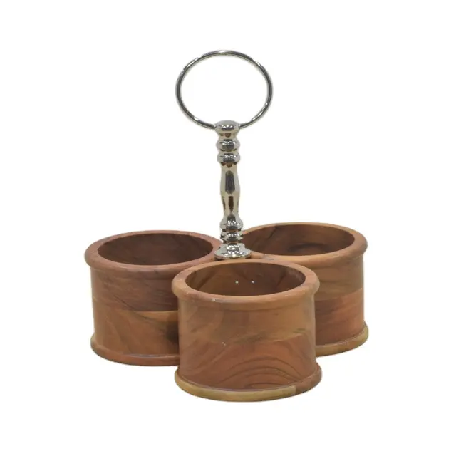 Salt Sugar Spice Condiment Container Seasoning 3pcs with Metal Handle Natural Wood With Nickel Kitchen Wood