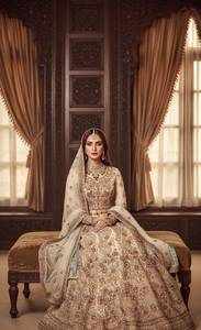 Lehenga Choli de Seda Dorada con Bordado, Vestido de Boda Tradicional Largo hasta el Suelo con Gran Vuelo para Mujer, India Pakistán 2026 - Product Image 1