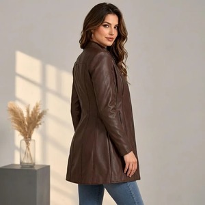 Women's Genuine <b>Leather</b> <b>Jacket</b>, <b>Long</b> Brown Biker Coat, Slim Fit Zip Up - Product Image 2