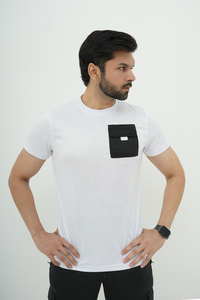 Ensemble T-shirt col rond en coton blanc pour homme avec poche noire et short noir, couleur unie, décontracté, pour l'été, tissu respirant - Product Image 2
