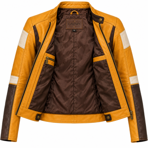 Darkry Custom <b>Womens</b> Yellow <b>Brown</b> Genuine <b>Leather</b> Racing <b>Jacket</b> Real Cowhide Motorcycle Biker Rider Sportswear Outerwear Apparel - Product Image 5