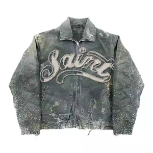 Vintage Distressed <b>Denim</b> Jacket Embroidered Patchwork Oversized Zip Up Y2K Streetwear Winter Jean <b>Coat</b> for Men - Product Image 1