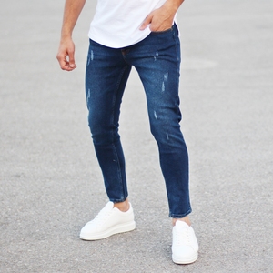Jean droit décontracté et professionnel pour homme, coupe classique, en denim bleu vintage, avec boutons et rivets, haute élasticité, délavage à la pierre, collection automne-hiver - Product Image 5